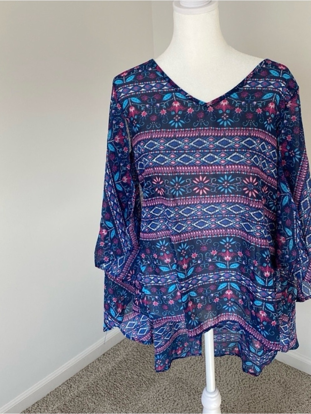 Tea N Rose Boho Sheer Poncho Blouse Size M | Festival Style Top